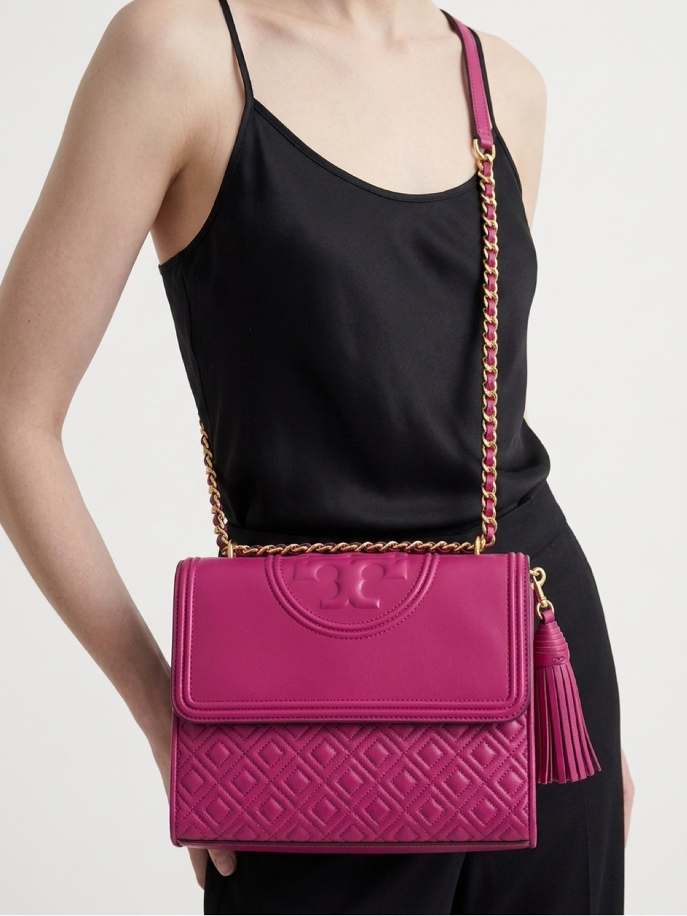 Tory Burch Small Fleming Convertible Shoulder Bag in Party Fuchsia Leather